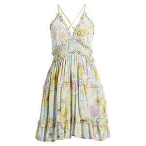 Barok Floral Ruffle Smocked Empire Waist Mini Beaded V-Neck Sundress Womens Lrg